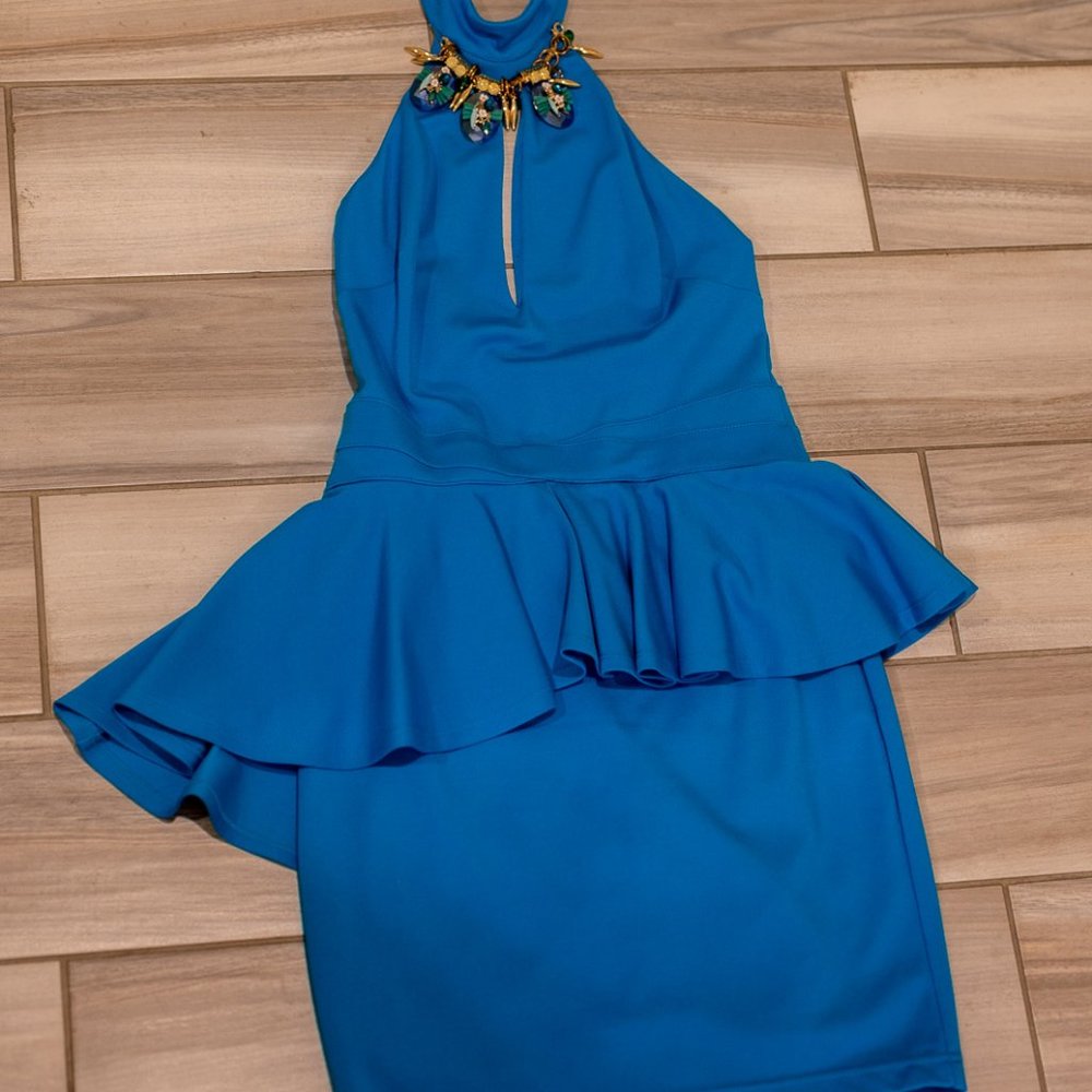 BEBE Blue Halter Mini Dress With Jeweled Neck